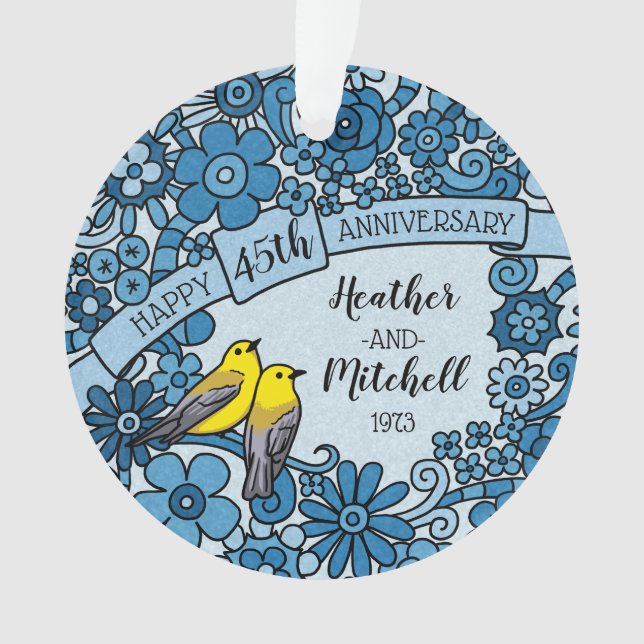 Personalized 45th Anniversary Sapphire Floral Bird Ornament (Front)