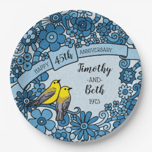 Personalized 45th Anniversary Sapphire Floral Bird Paper Plates