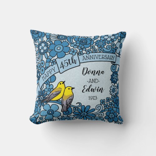 Personalized 45th Anniversary Sapphire Floral Bird Throw Pillow