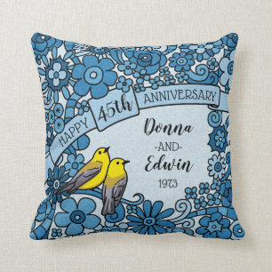 Personalized 45th Anniversary Sapphire Floral Bird Throw Pillow