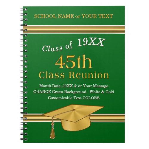 Personalized 45th Class Reunion Gifts Green Gold Notebook