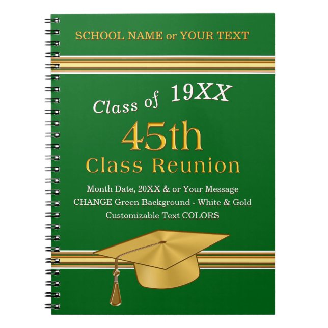 Personalized, 45th Class Reunion Gifts, Green Gold Notebook (Front)