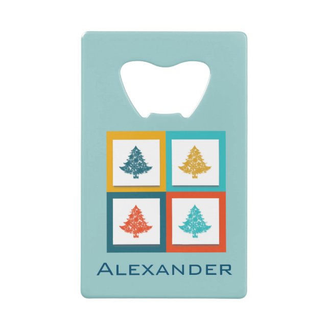 Personalized 4 Christmas Trees Retro Design Credit Card Bottle Opener (Front)