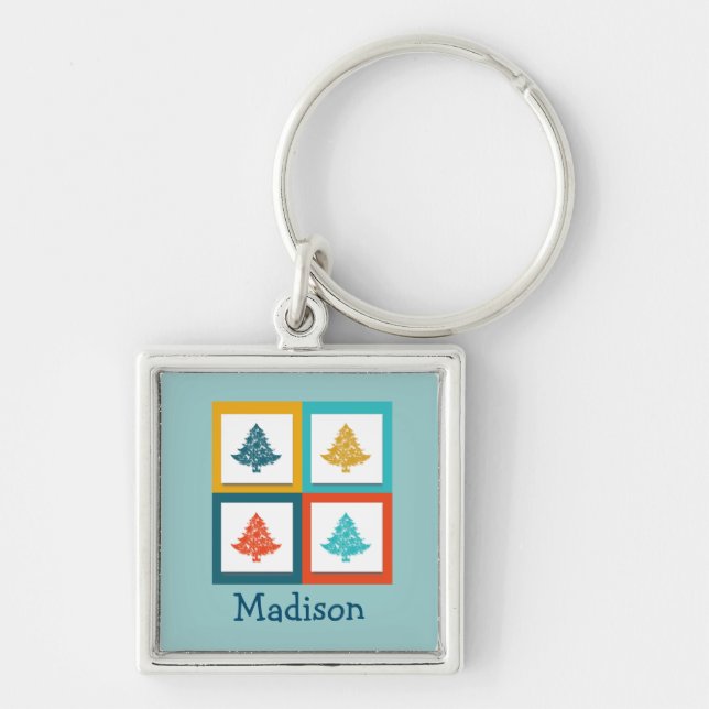 Personalized 4 Christmas Trees Retro Design Keychain (Front)