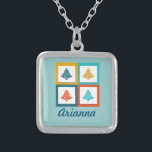 Personalized 4 Christmas Trees Retro Design Silver Plated Necklace<br><div class="desc">A graphic illustration of 4 christmas trees,  tiled in a poster style. Retro colors - yellow. orange,  blue and green. Cute and festive. Personalize with a name.</div>