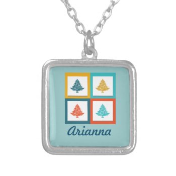 Personalized 4 Christmas Trees Retro Design Silver Plated Necklace by Mirribug at Zazzle