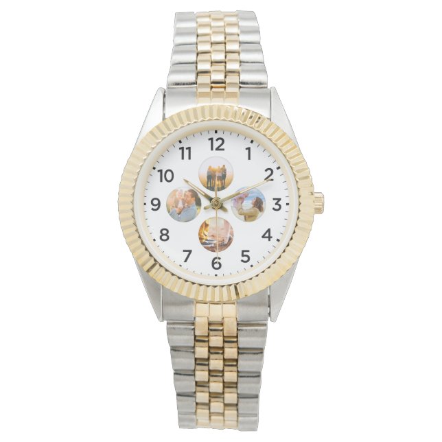 Personalized 4 Circle Photo Inlay Gold Watch (Front)