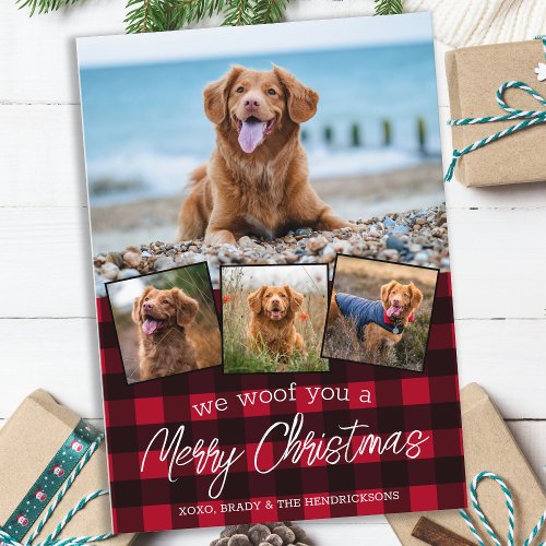 Personalized 4 Pet Photo Red Plaid Merry Christmas Holiday Card
