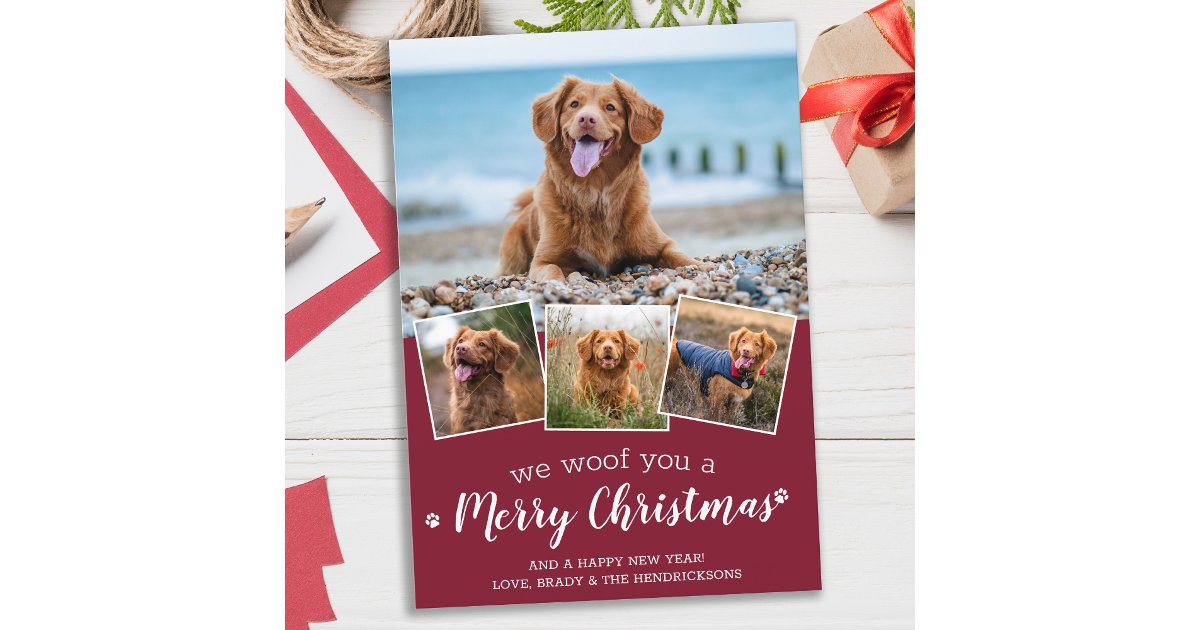 Personalized 4 Pet Photo Woof You Merry Christmas Holiday Card | Zazzle