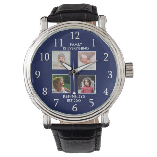 Personalized 4 Photo Collage Family Name Blue Watch