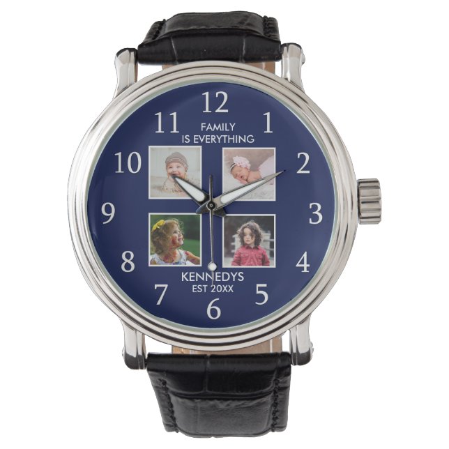 Personalized  4 Photo Collage Family Name Blue Watch (Front)