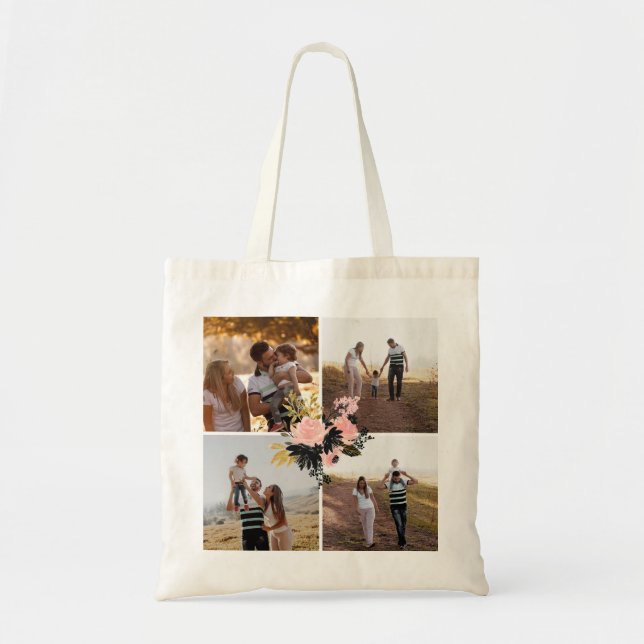 Personalized 4 Photo Collage Fancy Floral Tote Bag (Front)