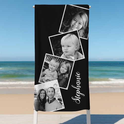 Personalized 4 Photo Collage Film Strip Black Beach Towel