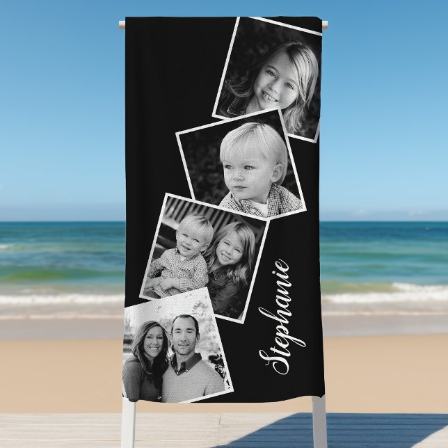 Personalized 4 Photo Collage Film Strip Black Beach Towel (Creator Uploaded)