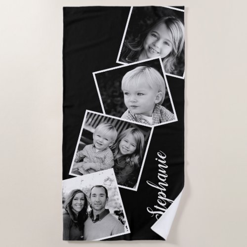 Personalized 4 Photo Collage Film Strip Black Beach Towel