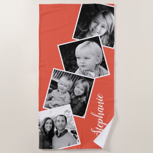 Personalized 4 Photo Collage Film Strip Coral Beach Towel