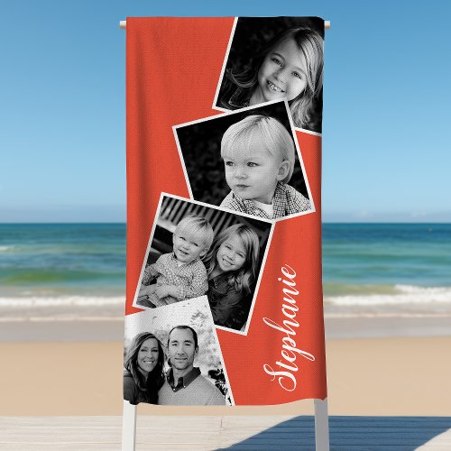 Personalized 4 Photo Collage Film Strip Coral Beach Towel