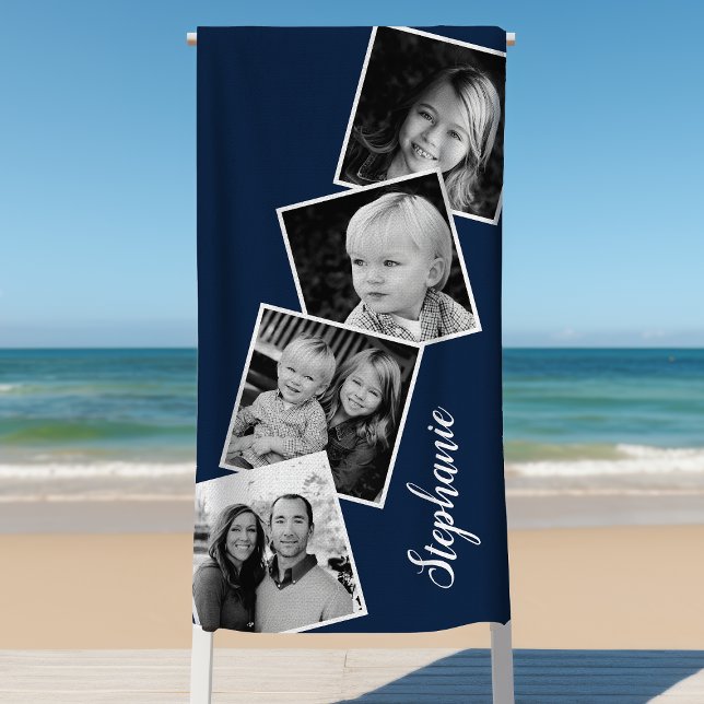 Personalized 4 Photo Collage Film Strip Navy Blue Beach Towel (Creator Uploaded)