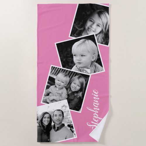 Personalized 4 Photo Collage Film Strip Pink Beach Towel