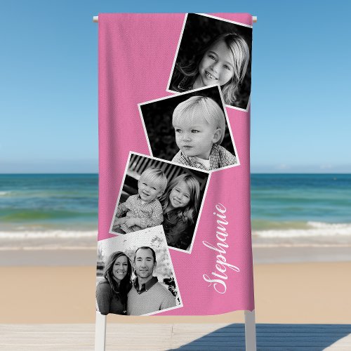 Personalized 4 Photo Collage Film Strip Pink Beach Towel