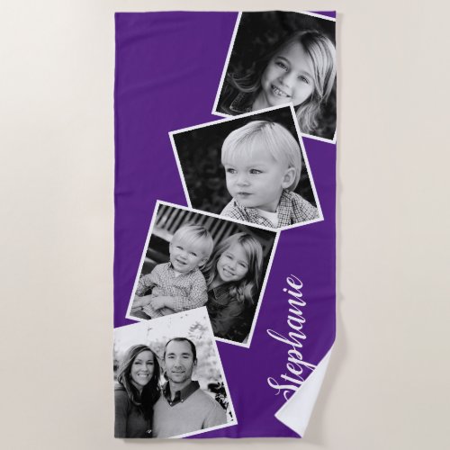 Personalized 4 Photo Collage Film Strip Purple Beach Towel