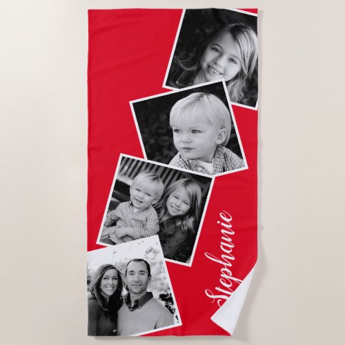 Personalized 4 Photo Collage Film Strip Red Beach Towel