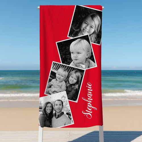 Personalized 4 Photo Collage Film Strip Red Beach Towel