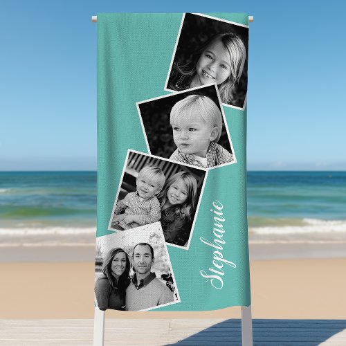 Personalized 4 Photo Collage Film Strip Teal Beach Towel