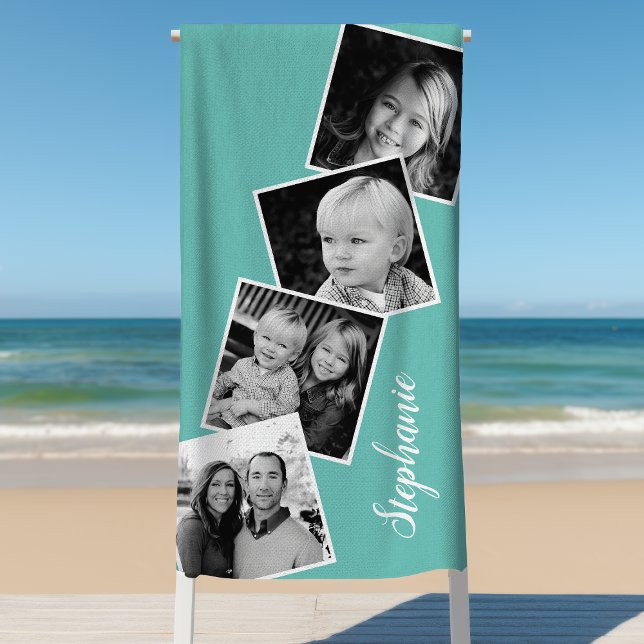 Personalized 4 Photo Collage Film Strip Teal Beach Towel (Creator Uploaded)