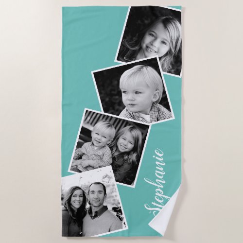 Personalized 4 Photo Collage Film Strip Teal Beach Towel