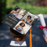 Personalized 4 Photo Collage Gold Graduation Cap Topper<br><div class="desc">Personalised graduation cap topper with "graduate" lettered handwritten typography and printed with gold lettering. The photo template is set up for you to add 3 square / instagram pictures, your name, class year and school / uni name. Your photos are set out in a simple grid style photo collage and...</div>