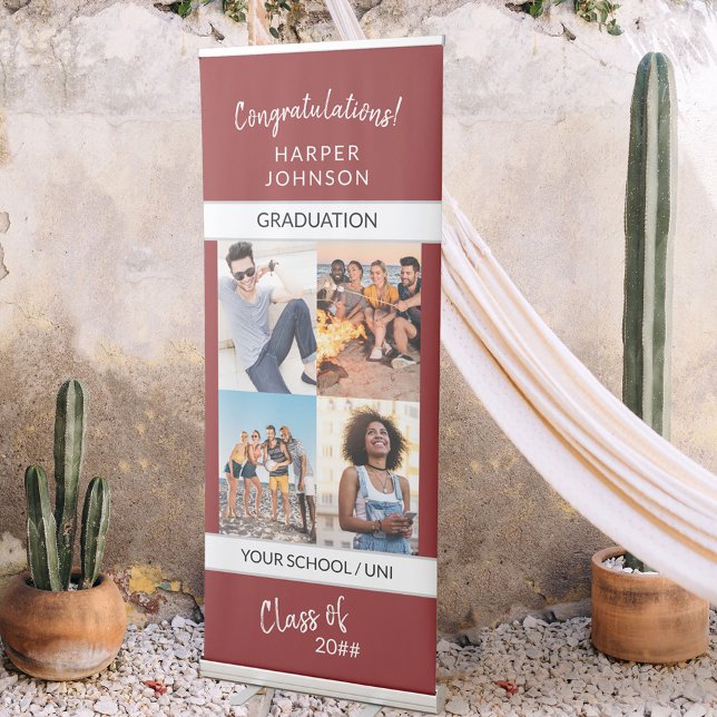 Personalized 4 Photo Collage Maroon Graduation Retractable Banner (Creator Uploaded)