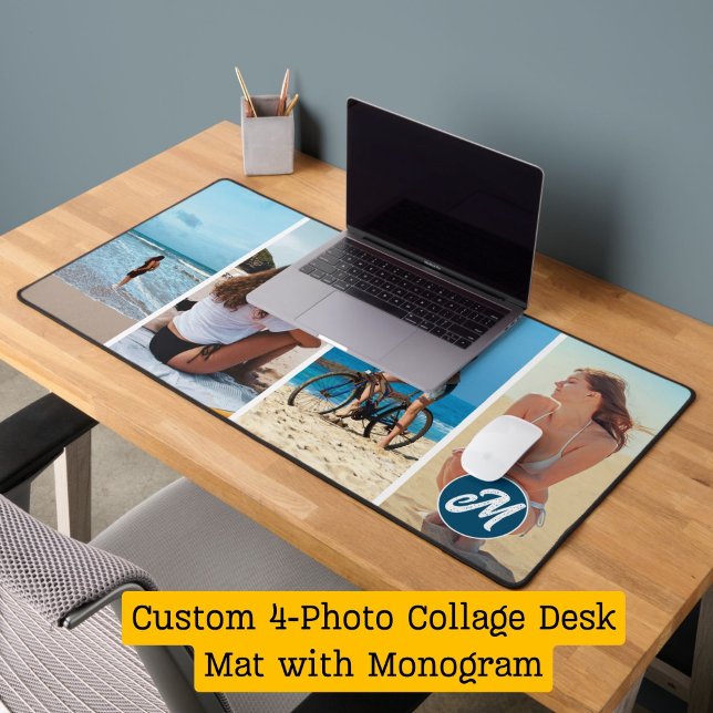 Personalized 4 Photo Collage & Monogram Desk Mat (Custom 4-Photo Collage Desk Mat with Monogram)