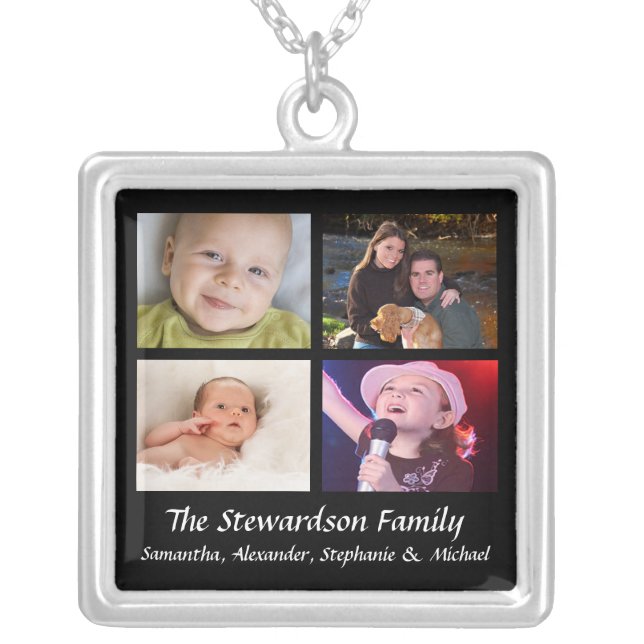 Personalized 4 Photo Collage Necklace Black w/Text (Front)