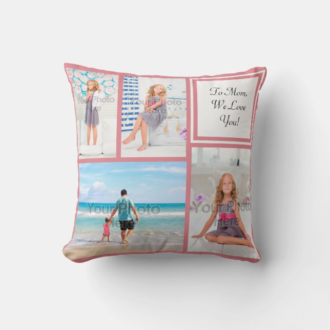 Personalized 4 Photo Collage Pink Mom/Love Throw Pillow (Front)
