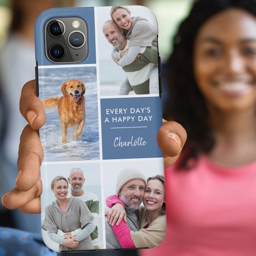 Personalized 4 Photo Collage Positive Quote Blue iPhone 11 Pro Max Case