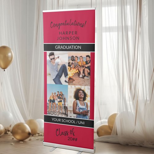 Personalized 4 Photo Collage Red Black Graduation Retractable Banner