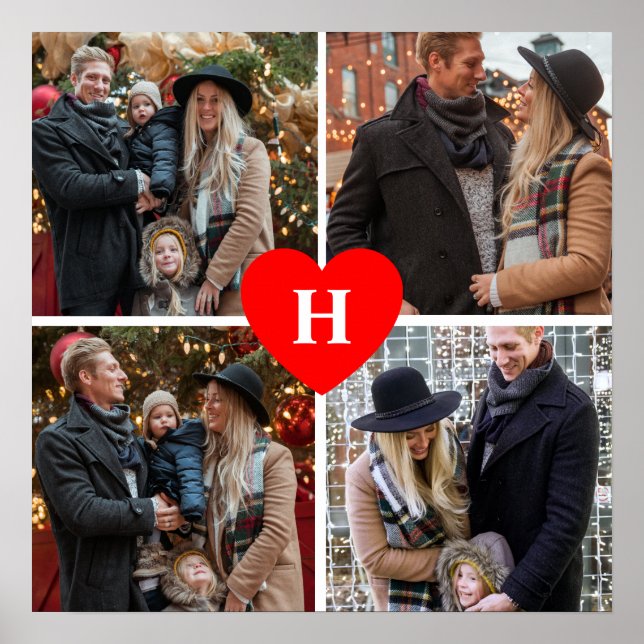 Personalized 4 Photo Collage Red Heart Monogrammed Poster (Front)