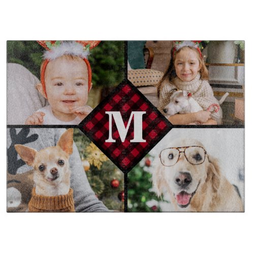 Personalized 4 Photo Collage Red Plaid Monogram Cutting Board