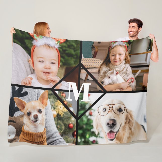 Personalized 4 Photo Collage Red Plaid Monogram Fleece Blanket (In Situ)
