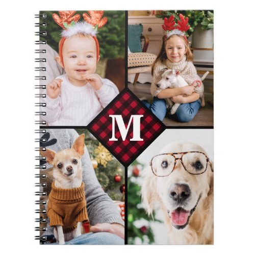 Personalized 4 Photo Collage Red Plaid Monogram Notebook - Celebrate your your favorite memories with a custom Red Buffalo Plaid Monogram Photo Collage notebook . When you have so many fun memories and photos , one photo isn't enough . Our Custom Photo notebook has 4 photos and a center monogrammed initial and name to personalize . This personalized 4 photo notebook is perfect for family, grandparents, kids, pet photo gifts,and dog lovers for a Christmas keepsake! COPYRIGHT © 2020 Judy Burrows, Black Dog Art - All Rights Reserved. Personalized 4 Photo Collage Red Plaid Monogram notebook