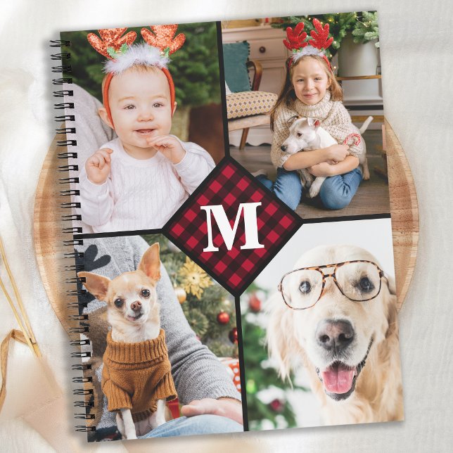 Personalized 4 Photo Collage Red Plaid Monogram Notebook (Creator Uploaded)