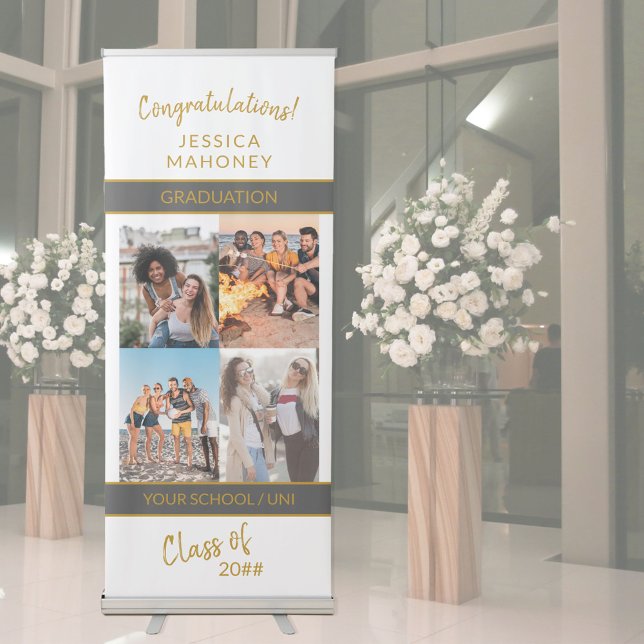Personalized 4 Photo Collage White Gold Graduation Retractable Banner (Creator Uploaded)