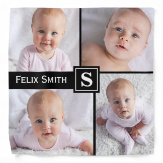 Personalized 4 Photo Collage with Name & Monogram Bandana