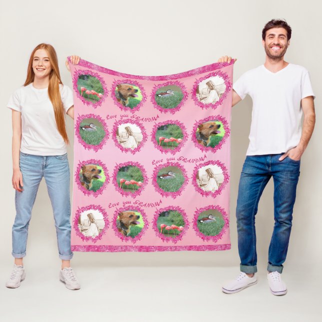 Personalized 4 photo custom text love you grandma fleece blanket (In Situ)