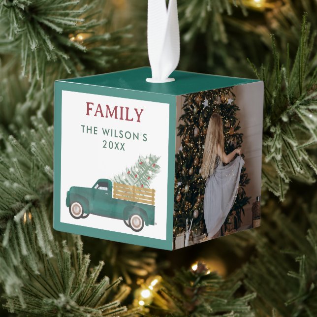 Personalized 4 Photo Family Collage Christmas Tree Cube Ornament (Tree)