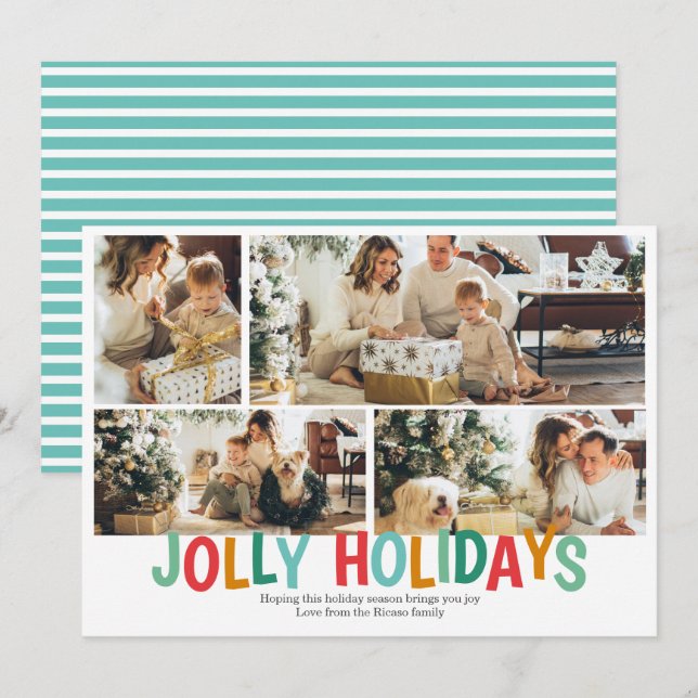 Personalized 4 Photo Jolly Holidays Christmas Holiday Card (Front/Back)