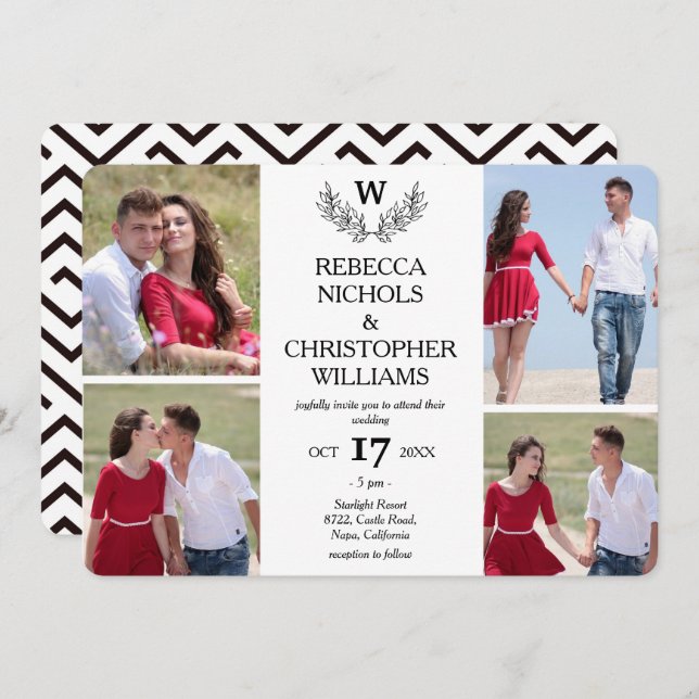 Personalized 4 Photo Laurel Monogrammed Wedding Invitation (Front/Back)
