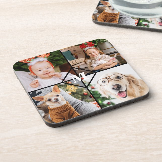 Personalized 4 Photo Monogram Red Buffalo Plaid Beverage Coaster (Left Side)