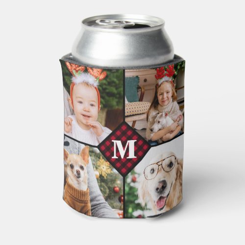 Personalized 4 Photo Monogram Red Buffalo Plaid Can Cooler